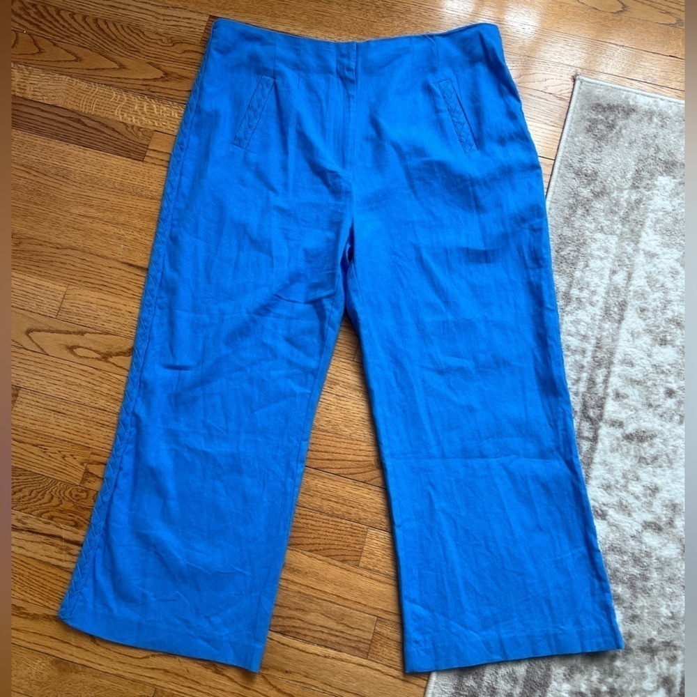 Jason Wu Women’s Linen Blend Vibrant Blue Wide-Leg Pants Braided Detail Size 12